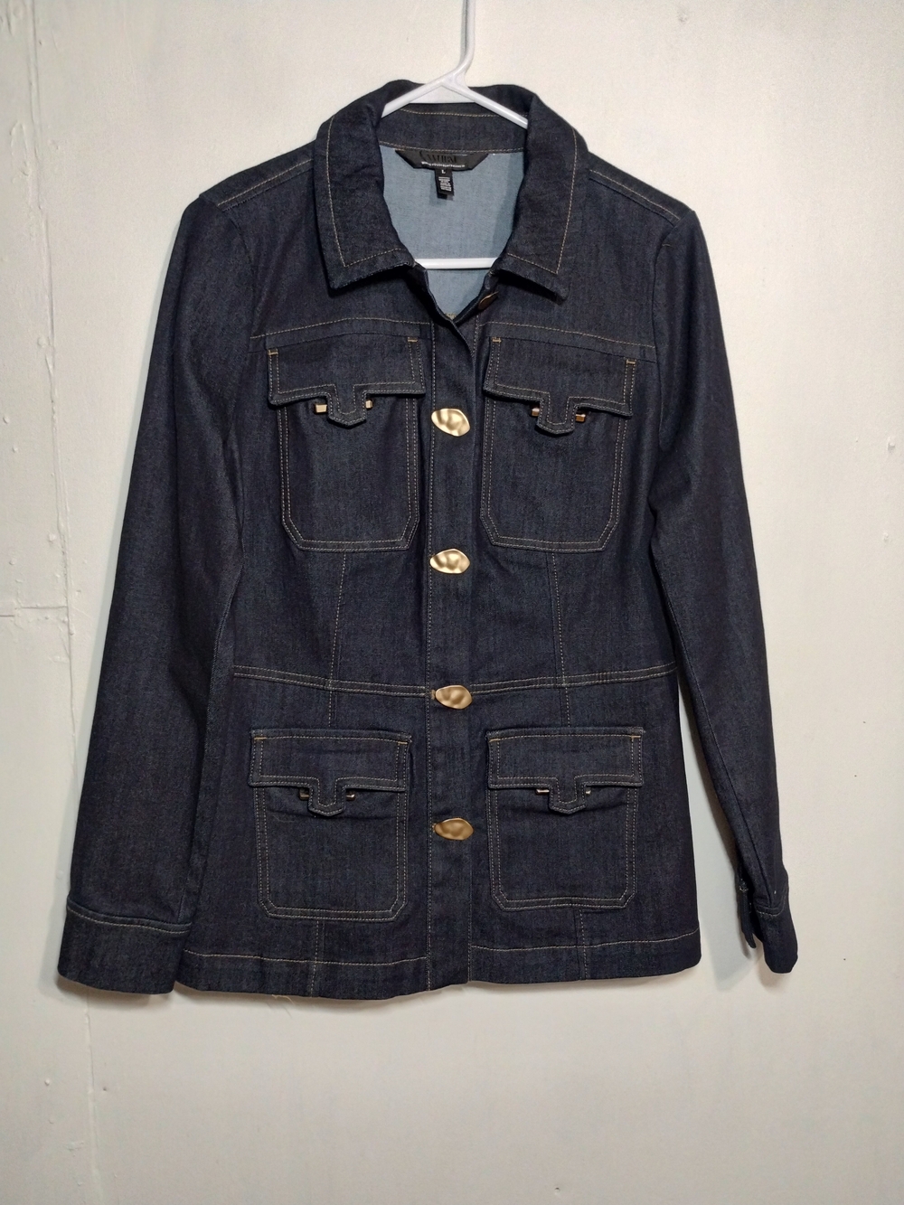 White House Black Market Navy Blue Denim Jacket with Gold Accents - Picture 2 of 12